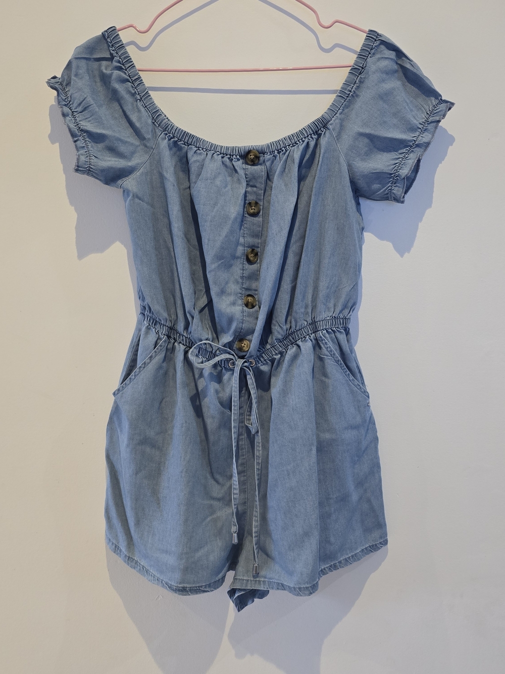 GUESS Cottagecore Chambray Denim Off Shoulder Romper Medium